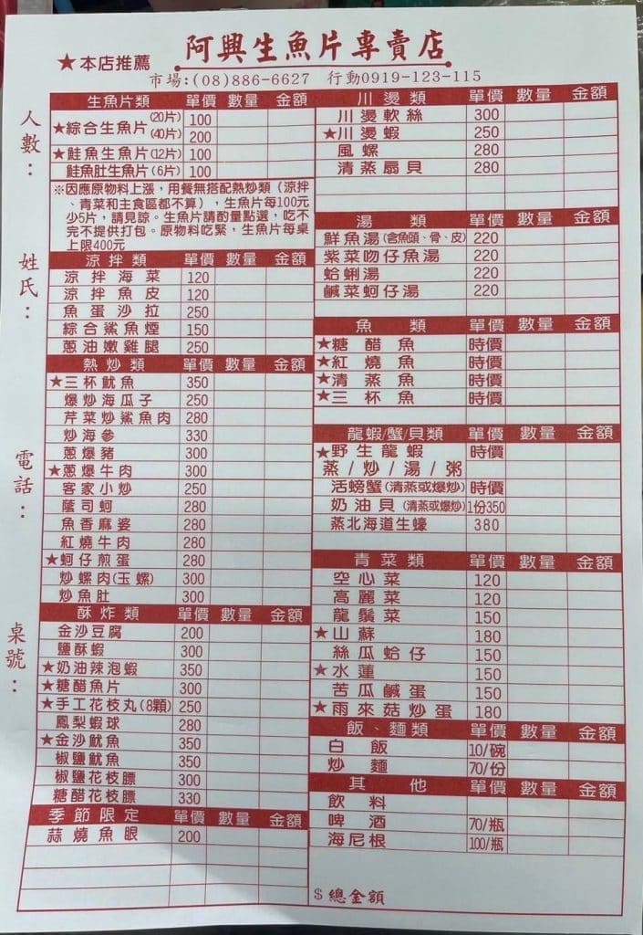 『阿興生魚片』後壁湖美食|百元綜合生魚片、必點奶油辣泡蝦,超豐富海鮮讓你飽到天靈蓋! 菜單